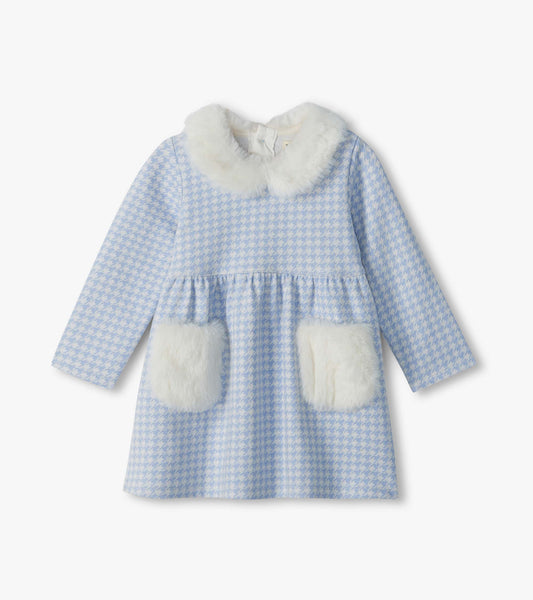 Baby & Toddler Girls Blue Houndstooth Fur Trim Dress