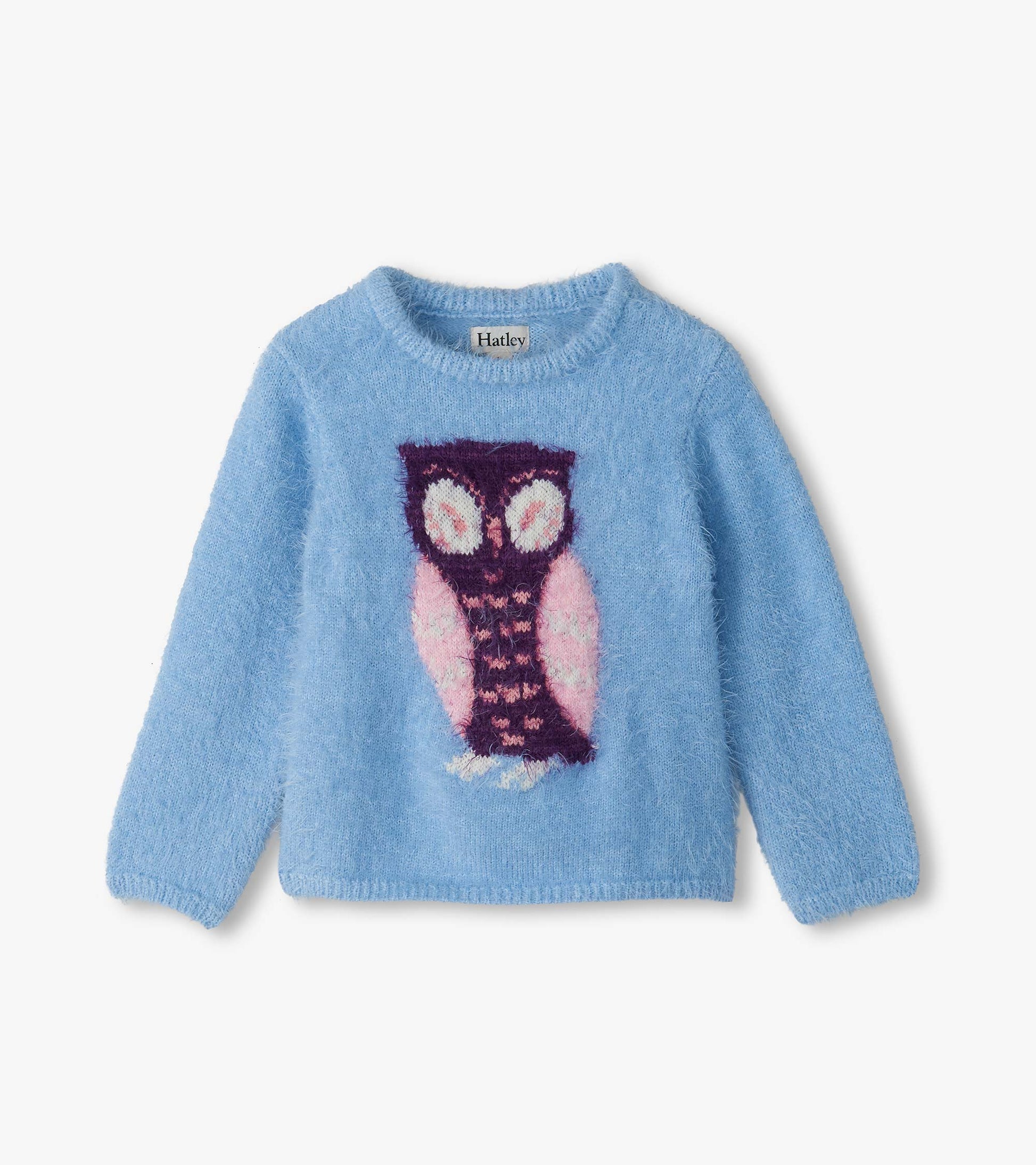 Light blue fuzzy kids sweater with a knit owl graphic on the front and long sleeves