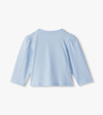 Back view of infant light blue long-sleeve tee with subtle glitter speckles and gathered shoulders