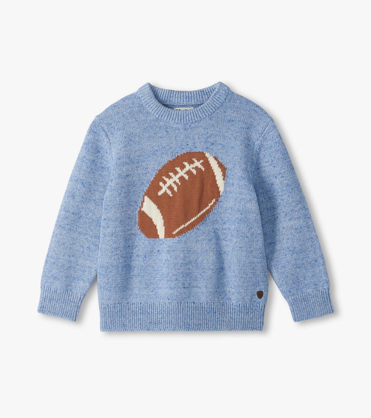 Light blue crew neck sweater with a large brown football graphic on the front