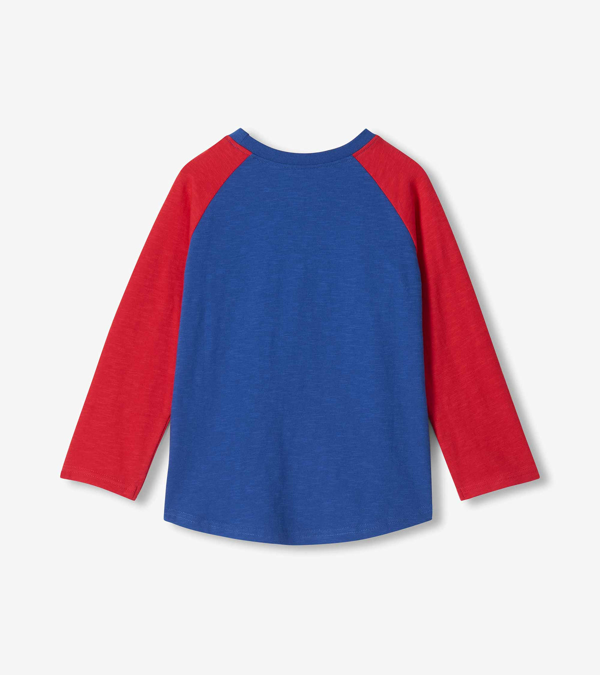 Back view of blue boys raglan T-shirt with red long sleeves and curved hem