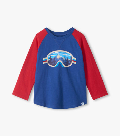Blue boys raglan T-shirt with red long sleeves and ski goggles mountain graphic on the front