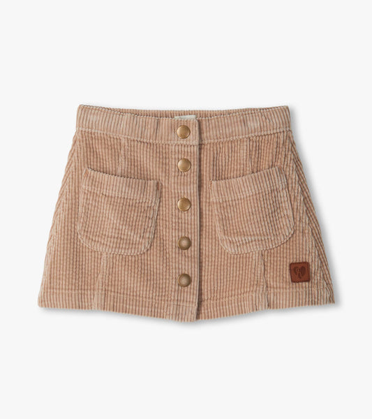Taupe A-line corduroy skirt with front snap buttons, two patch pockets, and a small logo patch