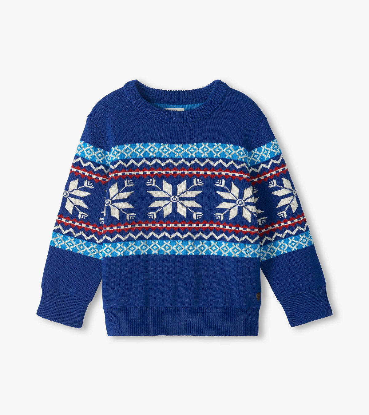 Front view of boys blue crew neck sweater with Fair Isle snowflake, zigzag, and diamond pattern