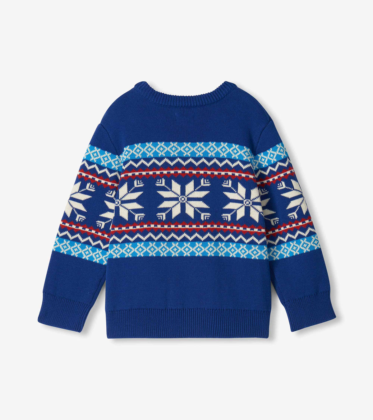 Back view of boys blue Fair Isle sweater with white snowflakes and red, white, and teal bands