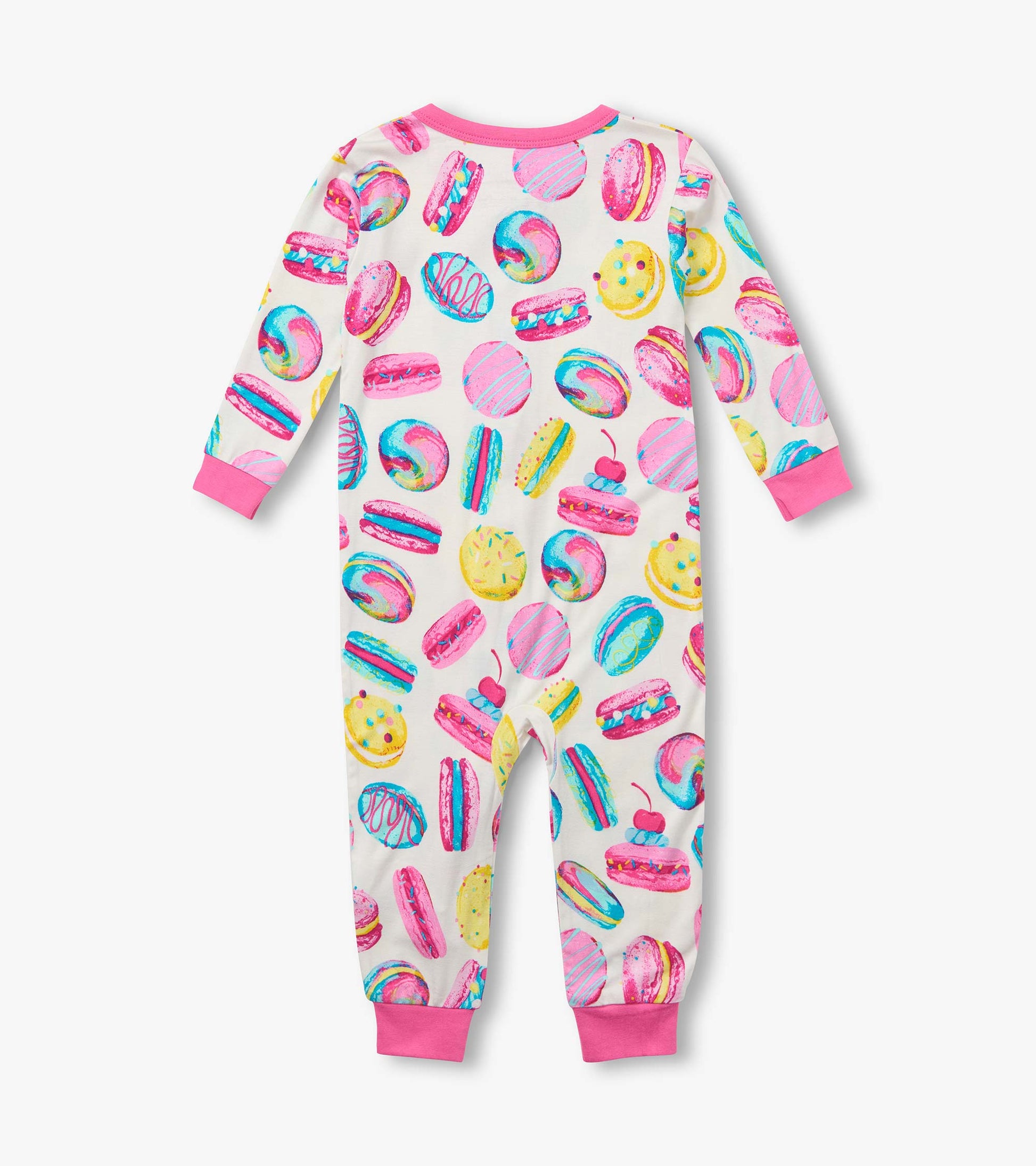 Back view of infant coverall with pink cuffs and colorful macaron print on a white background