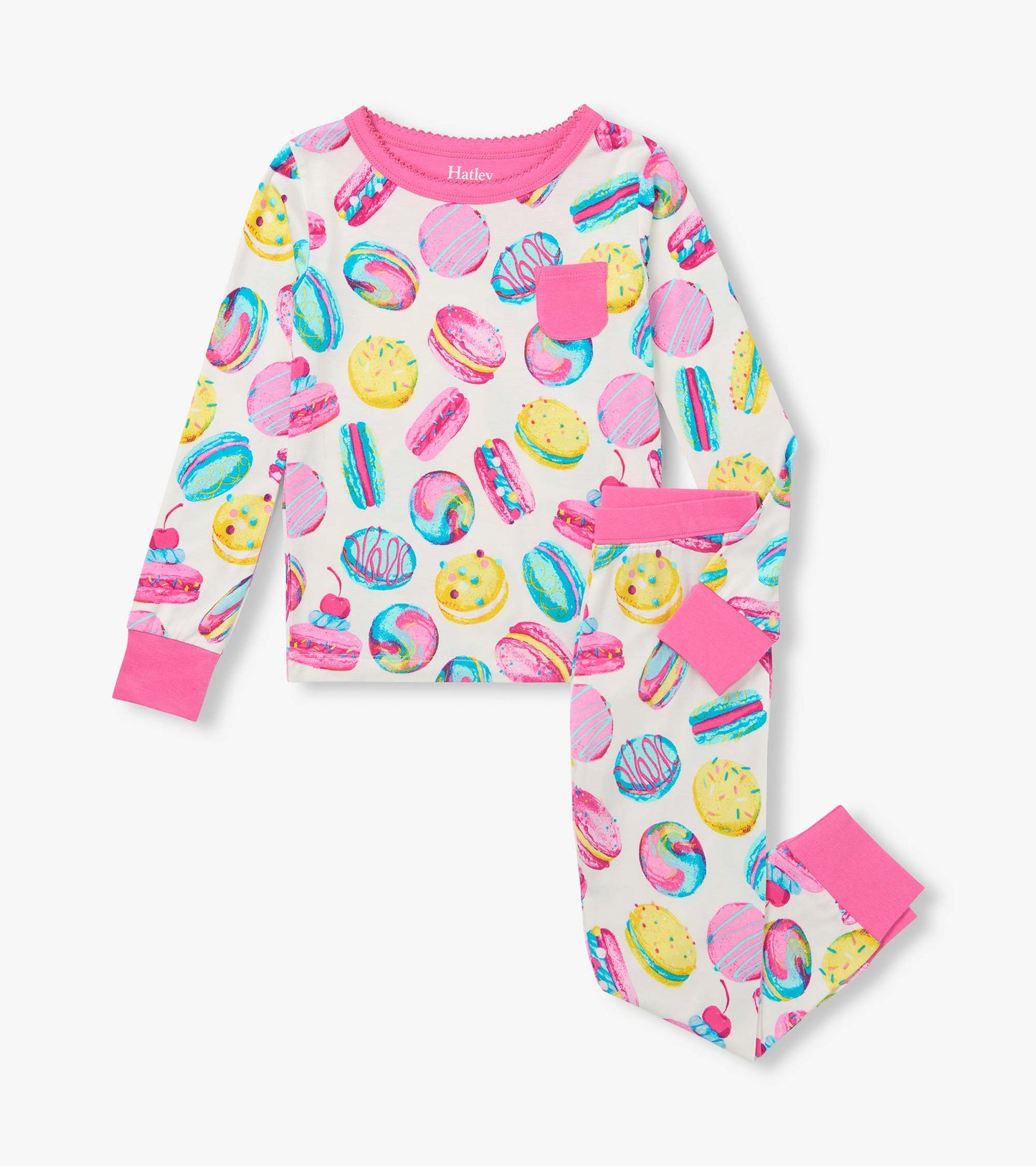 Kids two-piece pajama set with colorful macaron print, pink trim, chest pocket, and matching pants