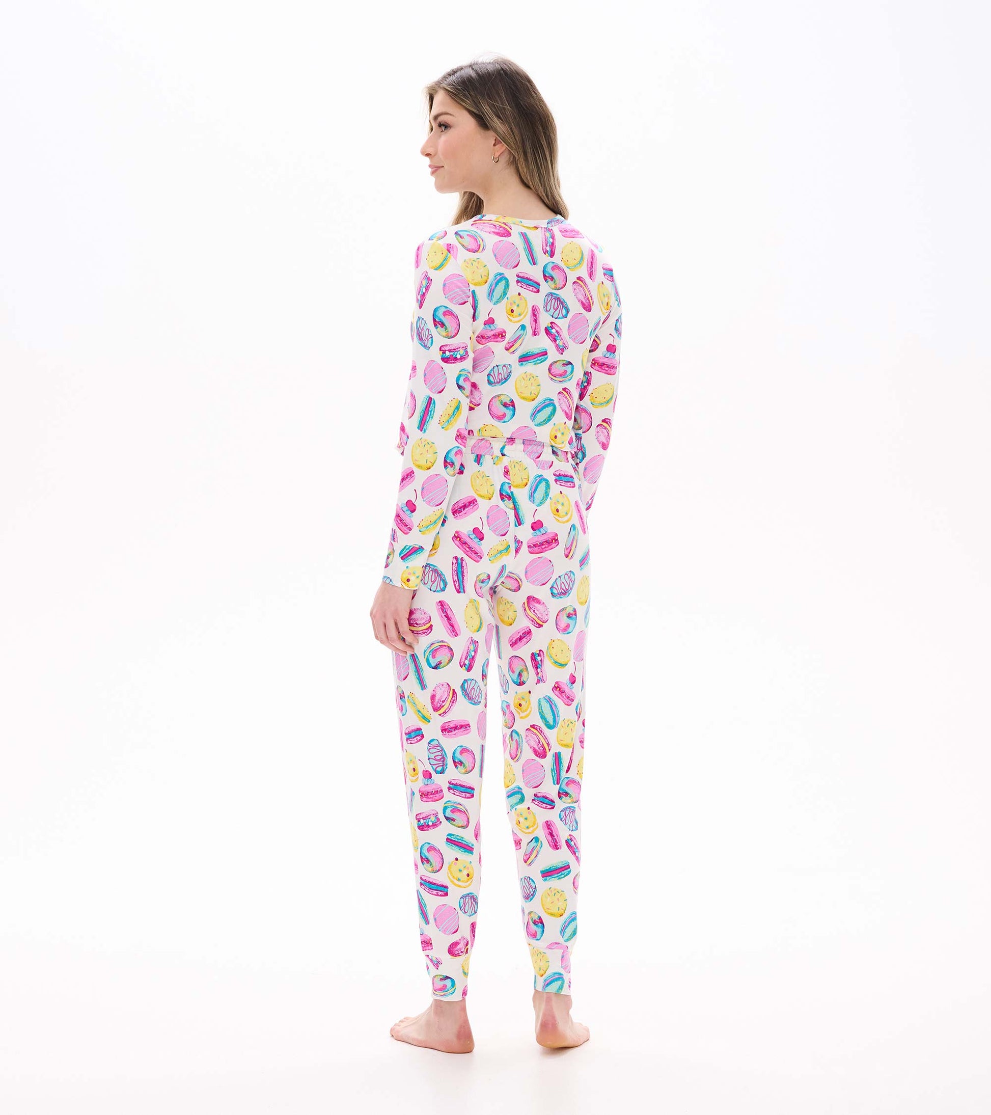 Women's pajama set with colorful macaron and dessert print, back and side view with long sleeves