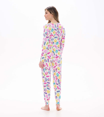 Women's pajama set with colorful macaron and dessert print, back and side view with long sleeves