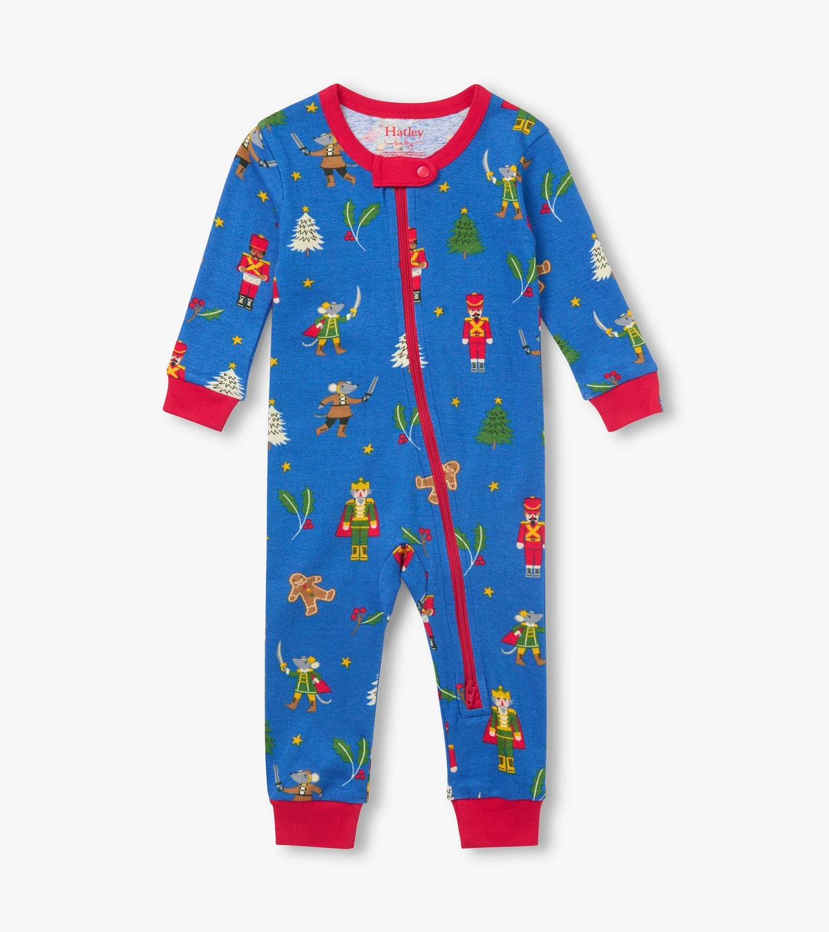 Front view of blue infant coverall with red trim, zip front, and nutcracker, mouse, tree, and holly print