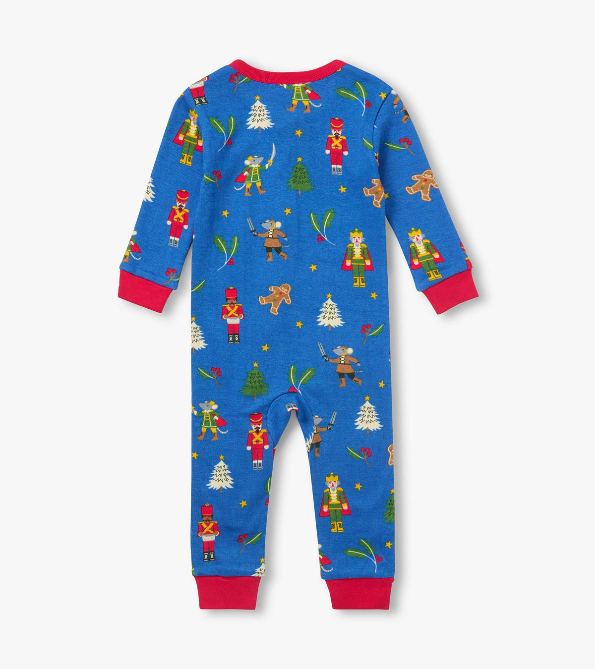 Back view of blue infant coverall with red cuffs and nutcracker, mouse, tree, gingerbread, and holly print