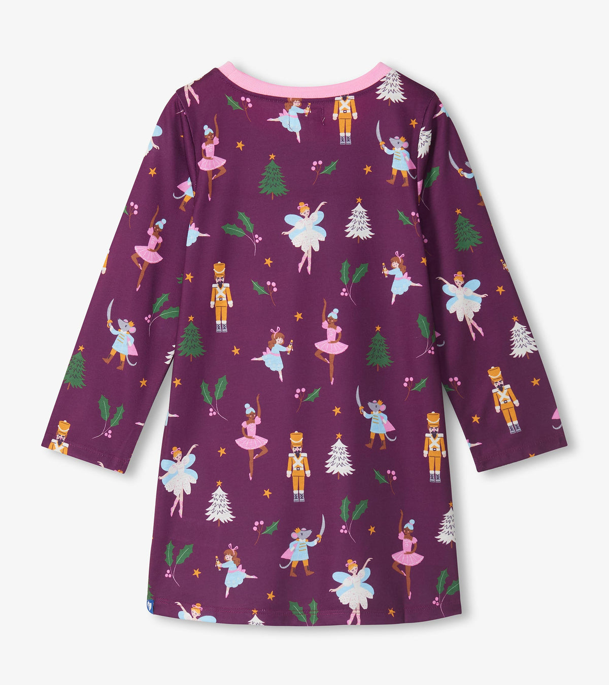 Back of girls purple nightdress with pink neckline and Nutcracker print of ballerinas, mice, trees and holly