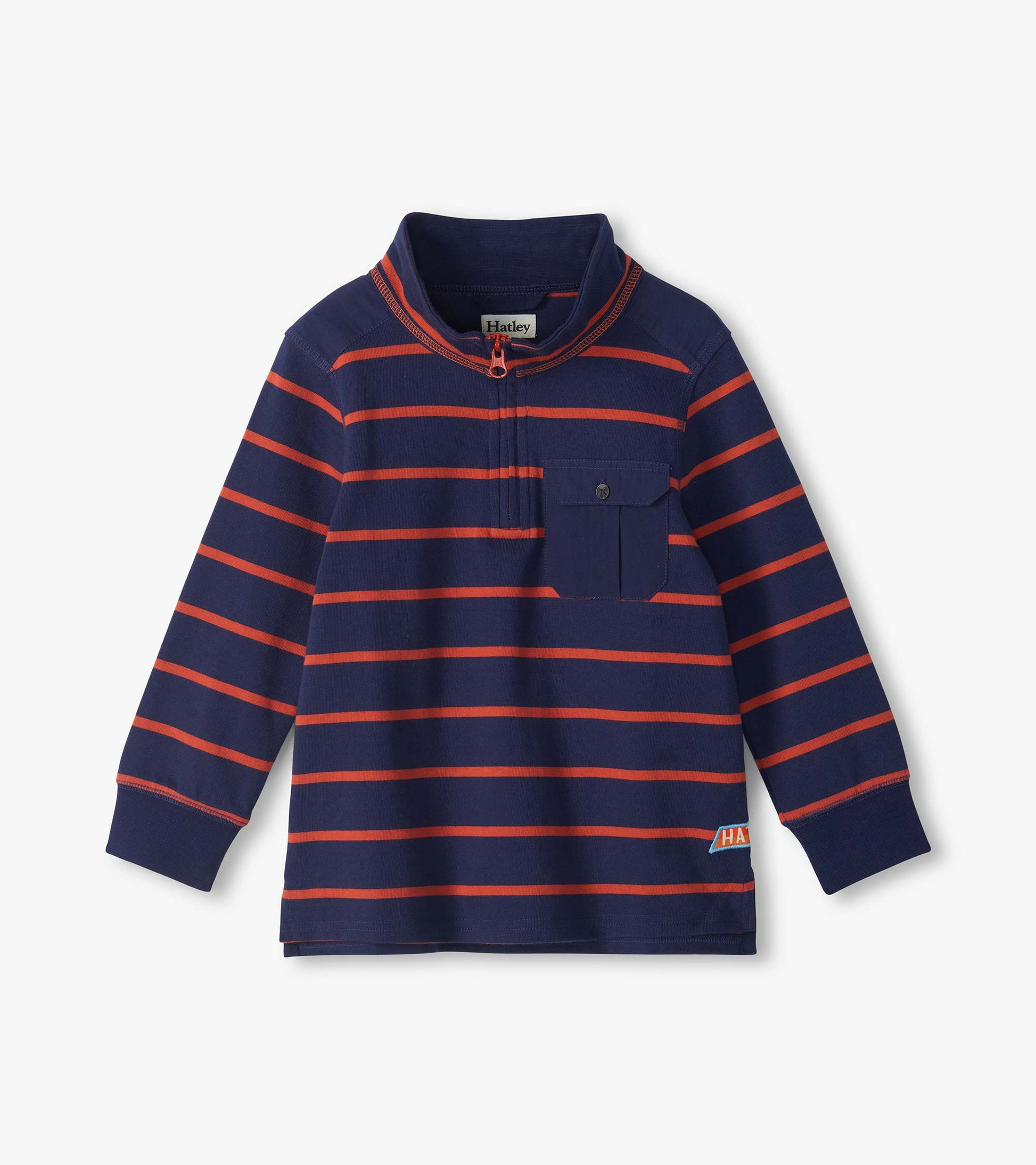 Kids navy quarter-zip mock neck top with orange stripes and a button-flap chest pocket