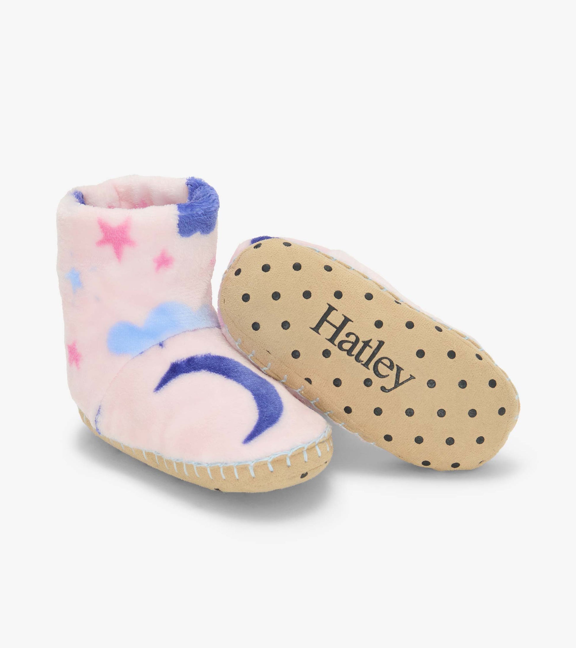 Kids bootie slippers with celestial print and tan sole with black grip dots and Hatley logo