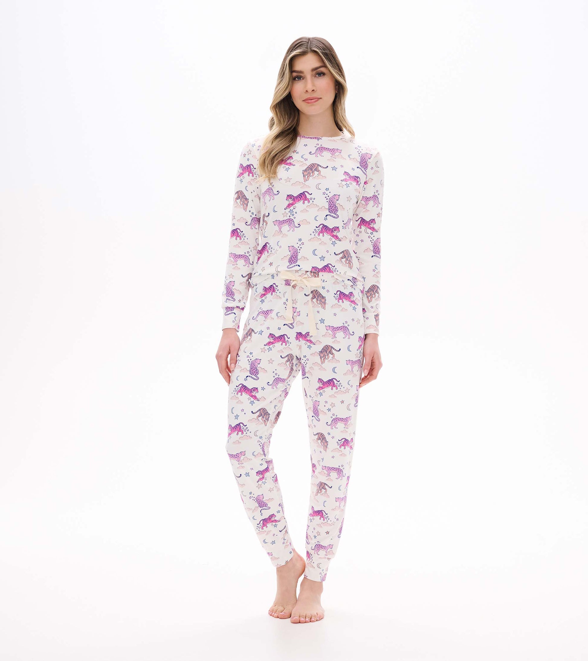 Women's pajama set with pink tiger print, long sleeve top and drawstring pants, front view