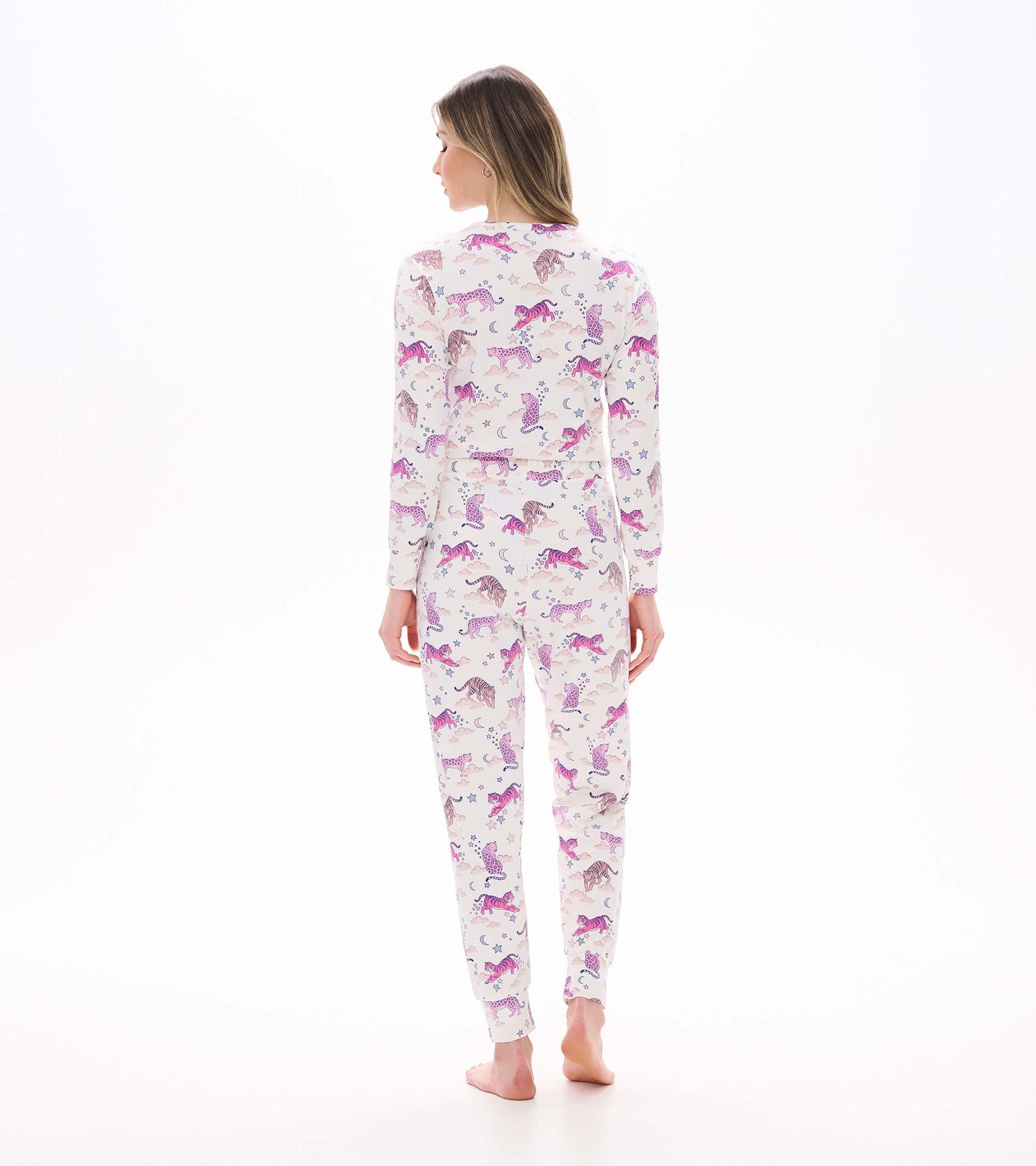 Back view of women's pajama set with pink tiger print, long sleeves and matching pants
