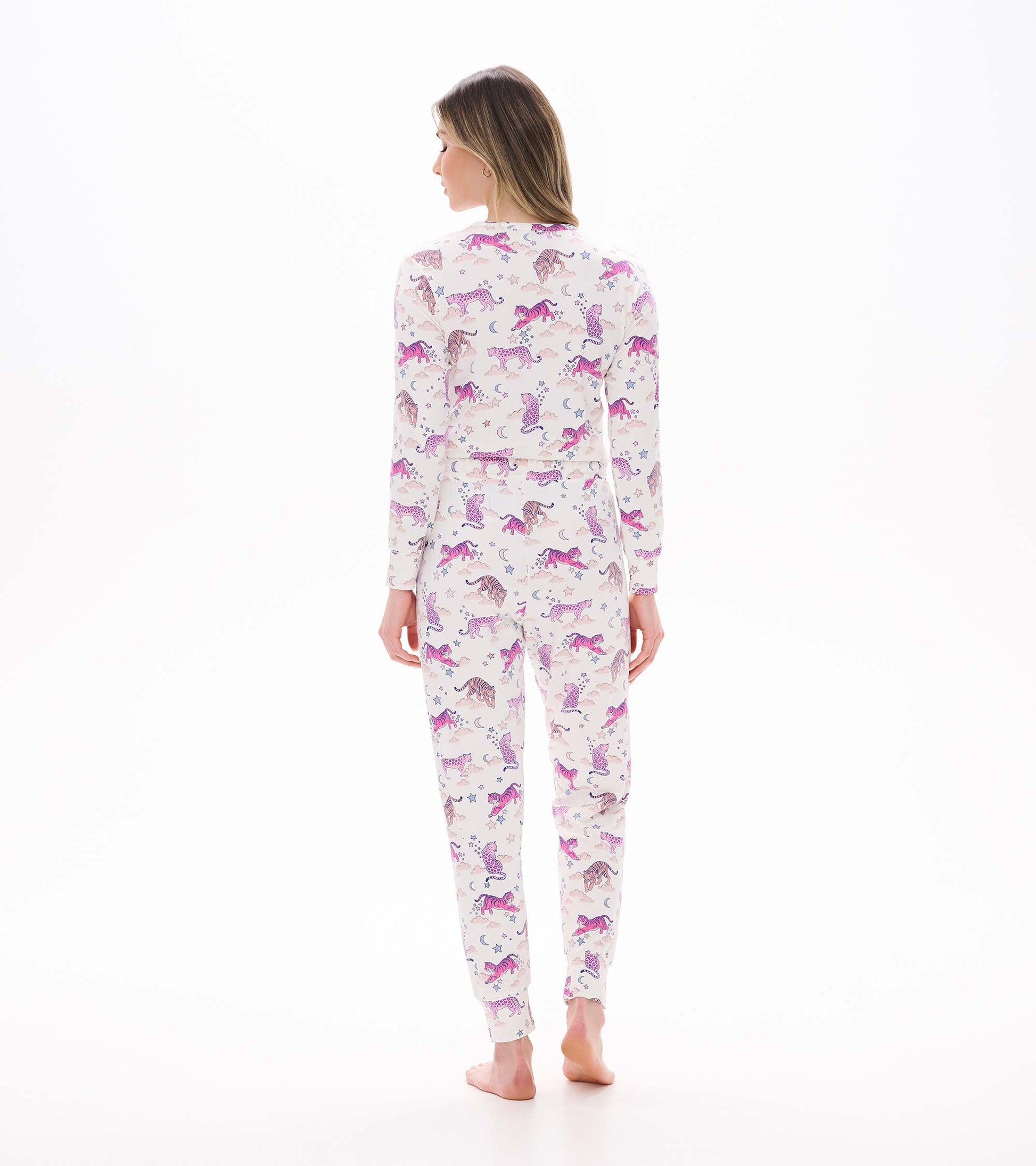Back view of women's pajama set with pink tiger print, long sleeves and matching pants