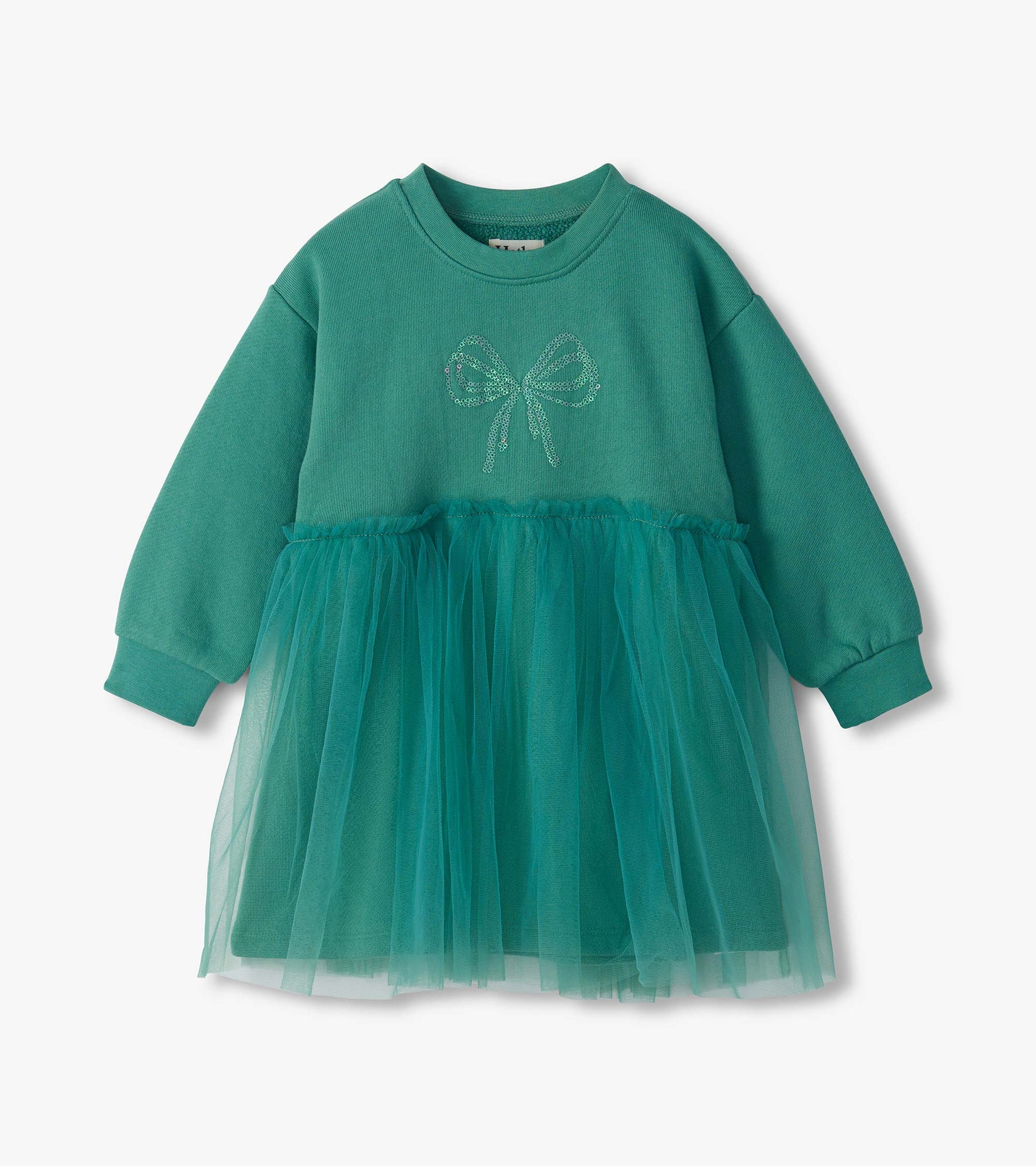 Oil blue infant dress with long sleeves, tulle overlay skirt, and sequined bow on the chest