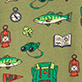 View Boys Outdoor Explorer Cotton Pyjama Set beige swatch with colorful fish, lanterns, a map, and a green backpack pattern