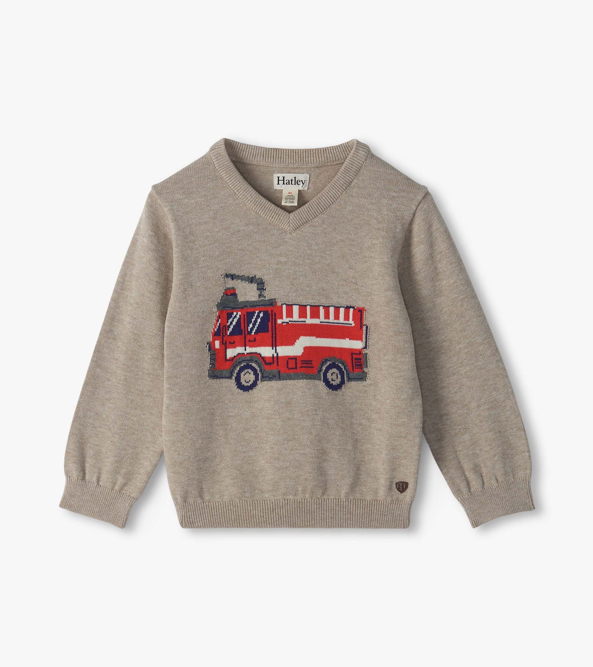 Front view of beige V-neck kids sweater with a red firetruck graphic on the chest