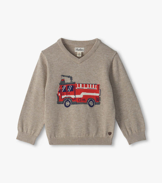 Front view of beige V-neck kids sweater with a red firetruck graphic on the chest