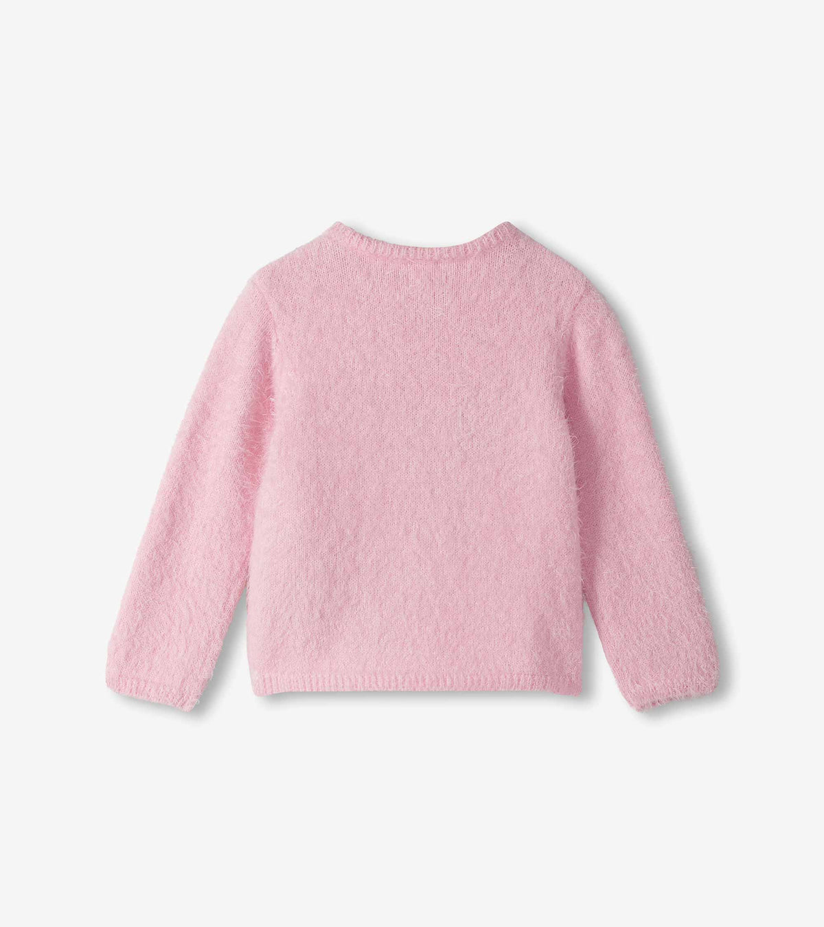 Back view of pink furry long sleeve sweater with ribbed hem and cuffs