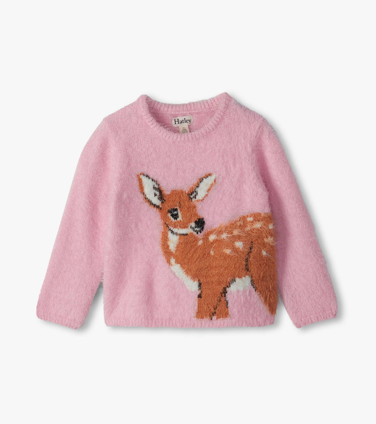 Hatley pink furry sweater with long sleeves and large fawn graphic on the front