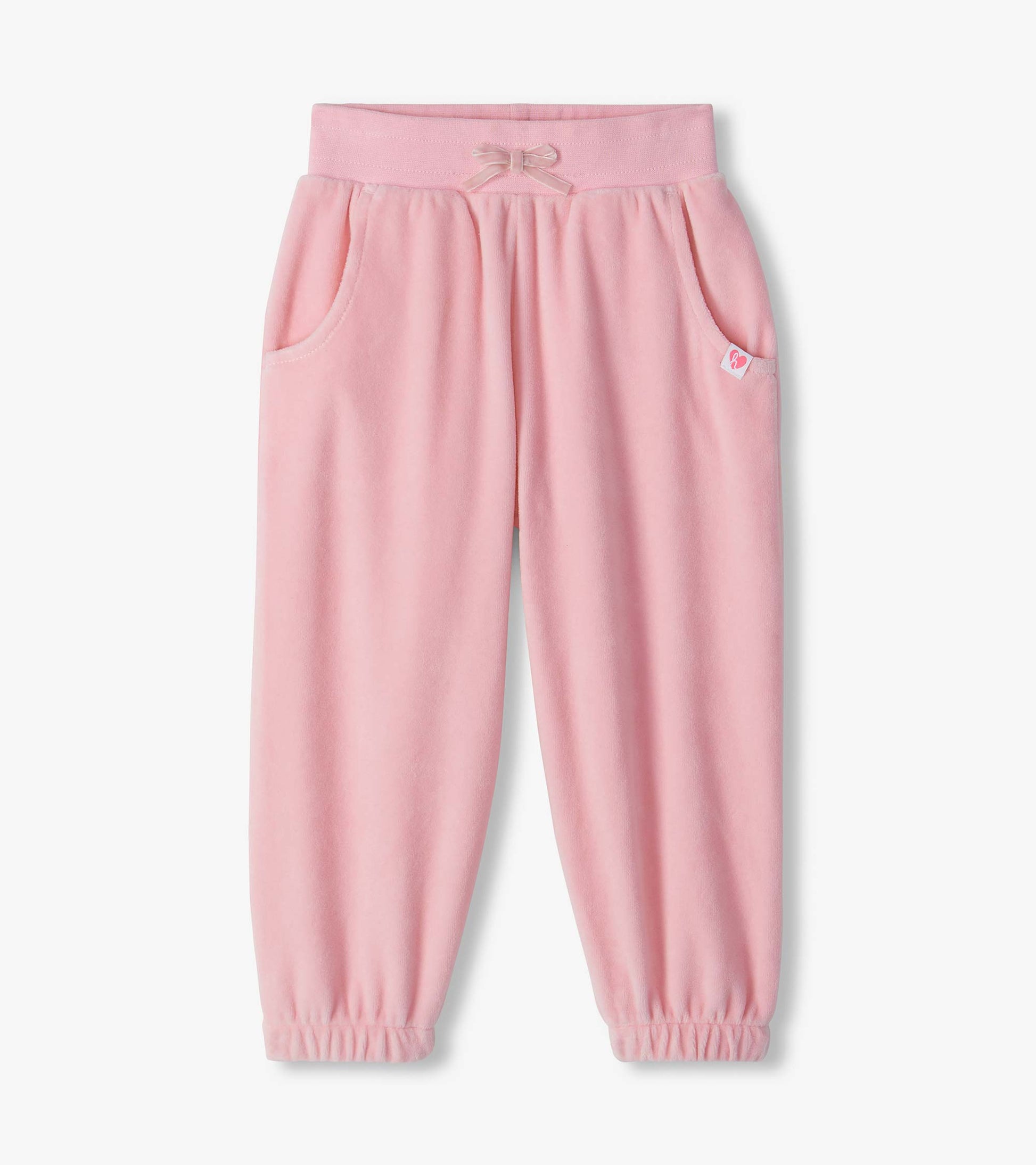 Infant orchid pink cozy pants with an elastic waistband, small bow, side pockets, and cuffed ankles