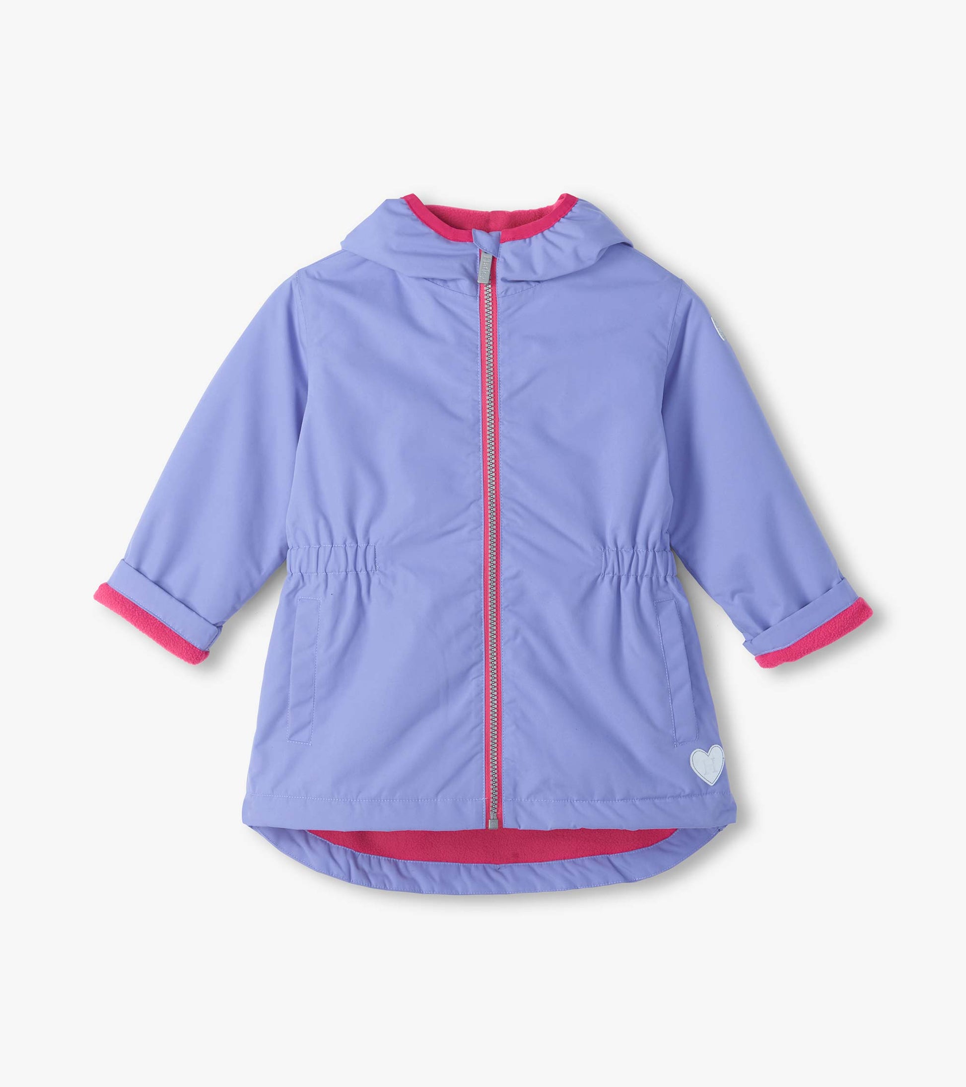 Front view of lavender hooded field jacket with pink zipper, pink lining, elastic waist, and heart patch