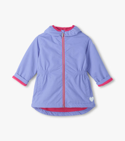 Front view of lavender hooded field jacket with pink zipper, pink lining, elastic waist, and heart patch