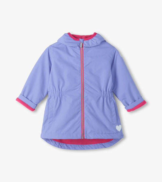Front view of lavender hooded field jacket with pink zipper, pink lining, elastic waist, and heart patch