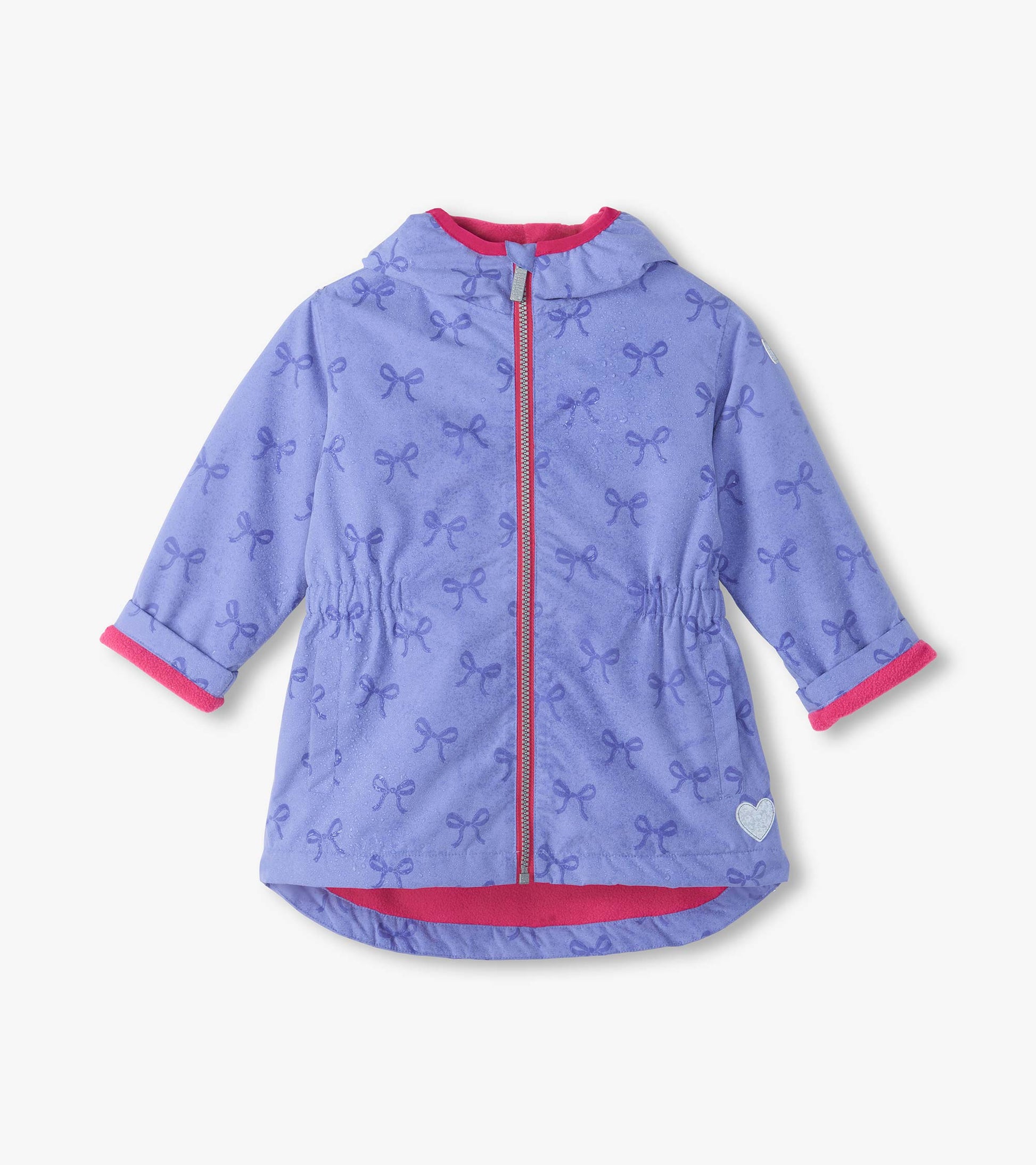 Front view of lavender hooded field jacket with bow print reveal, pink zipper, pink lining, and heart patch