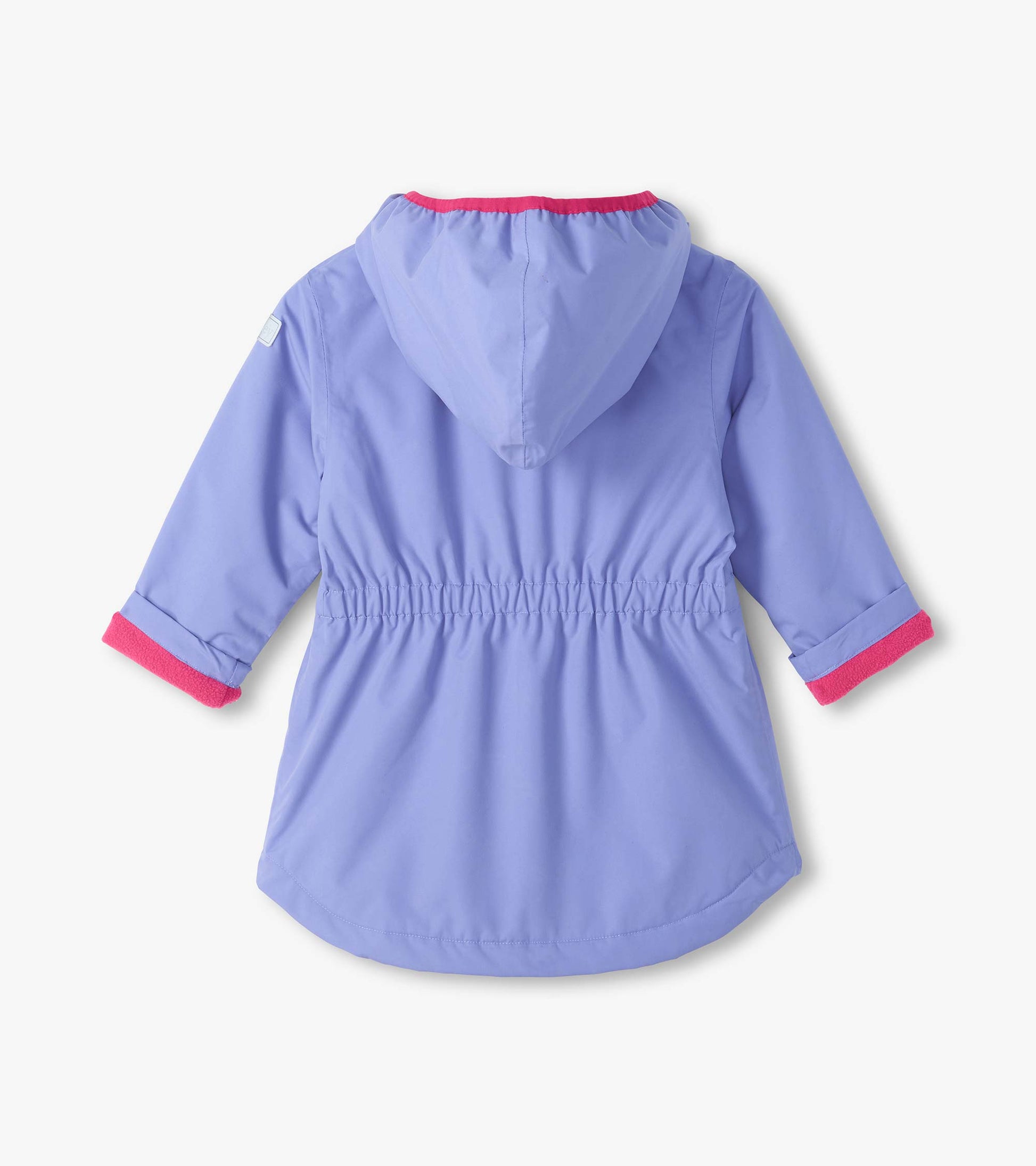 Back view of lavender hooded field jacket with elastic waist and pink lining at cuffs and hood