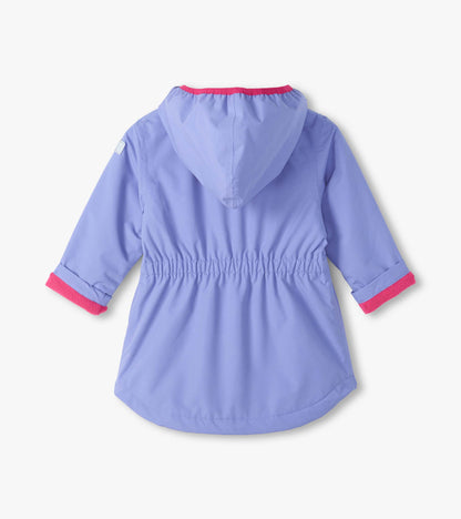 Back view of lavender hooded field jacket with elastic waist and pink lining at cuffs and hood