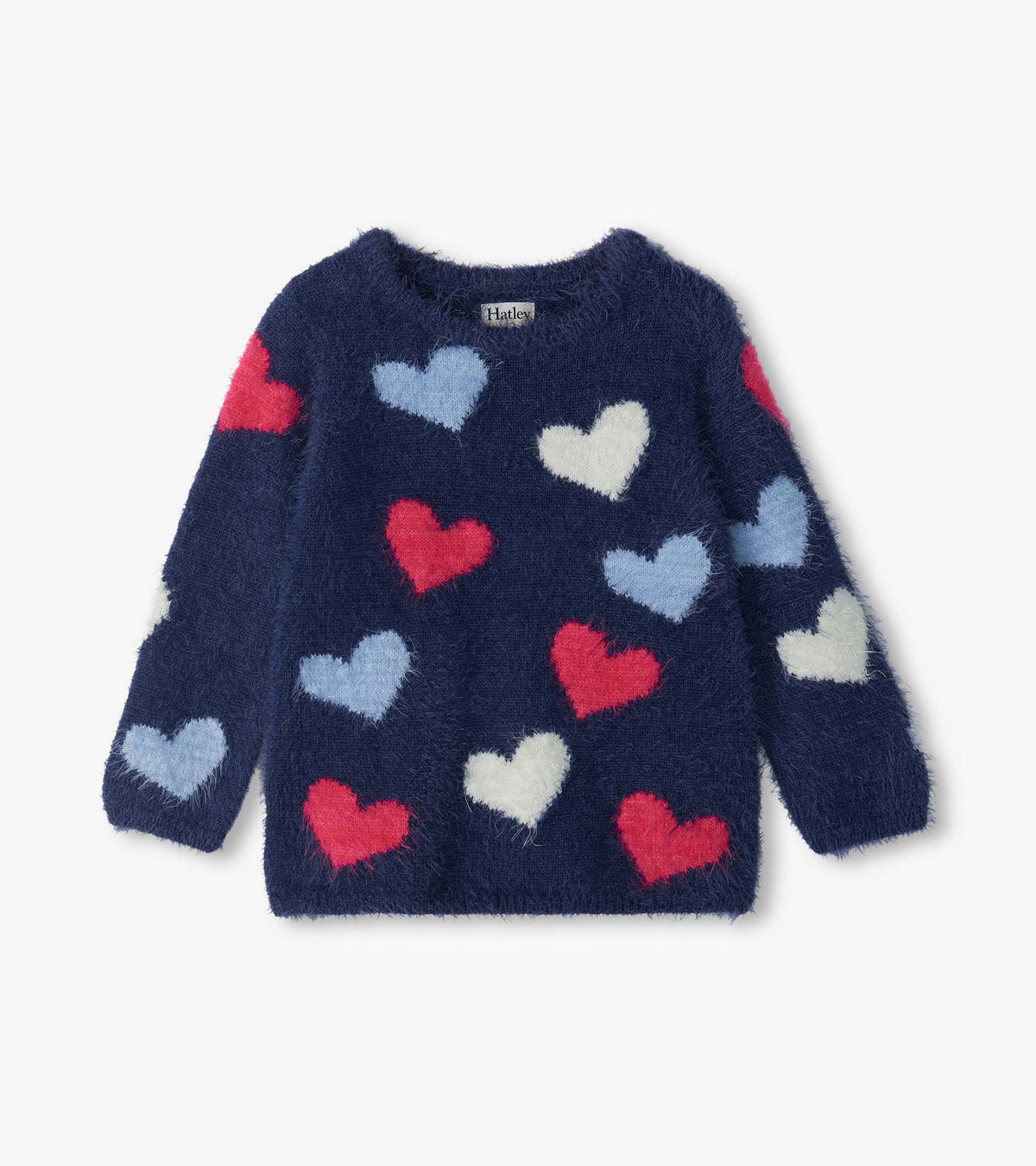 Front view of navy girls sweater with red, light blue, and white hearts, crew neck, and long sleeves