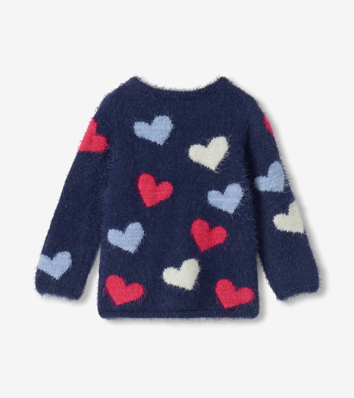 Back view of navy girls sweater with red, light blue, and white hearts and long sleeves
