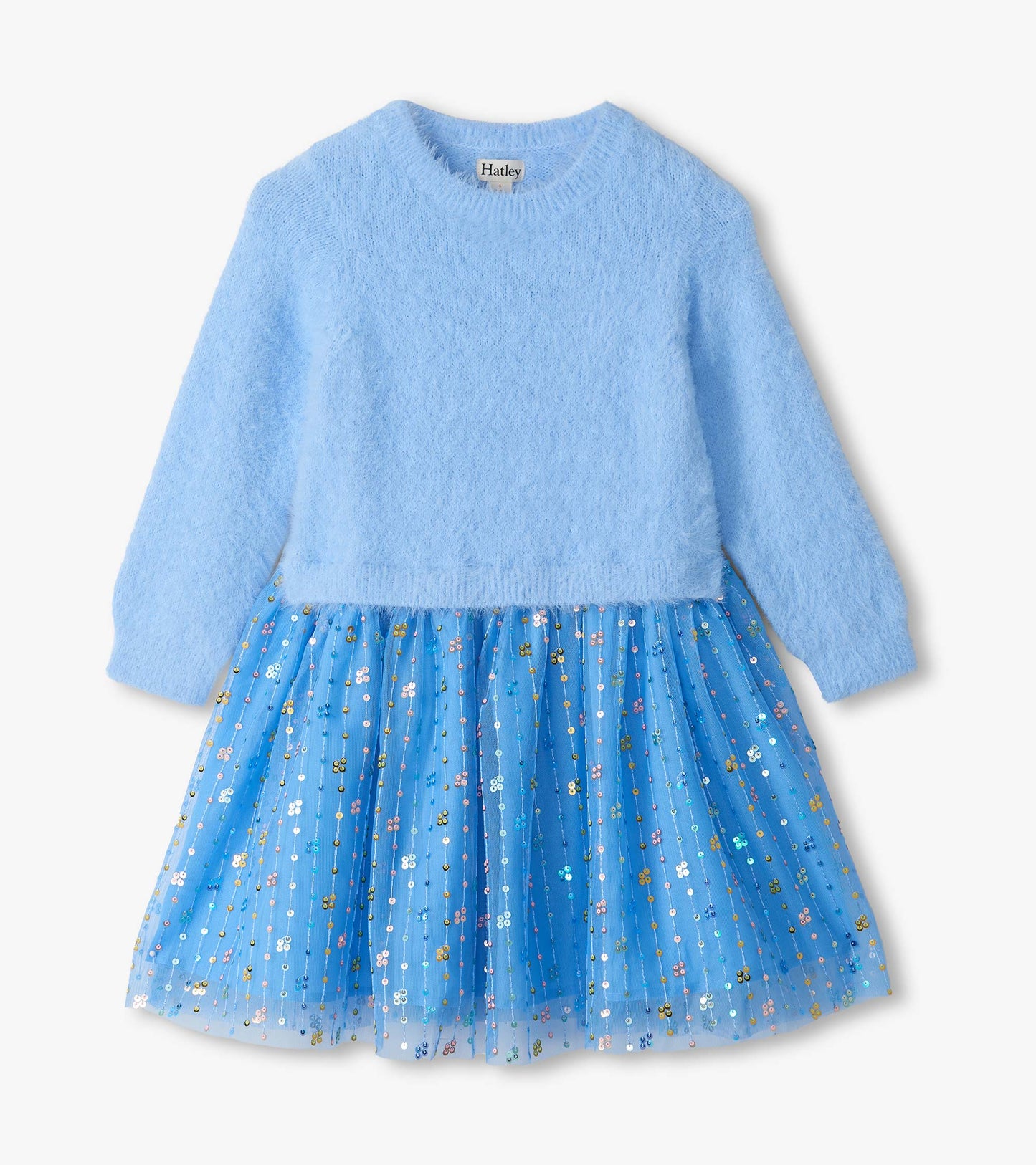 Blue long sleeve dress with fuzzy sweater top and sequined mesh skirt