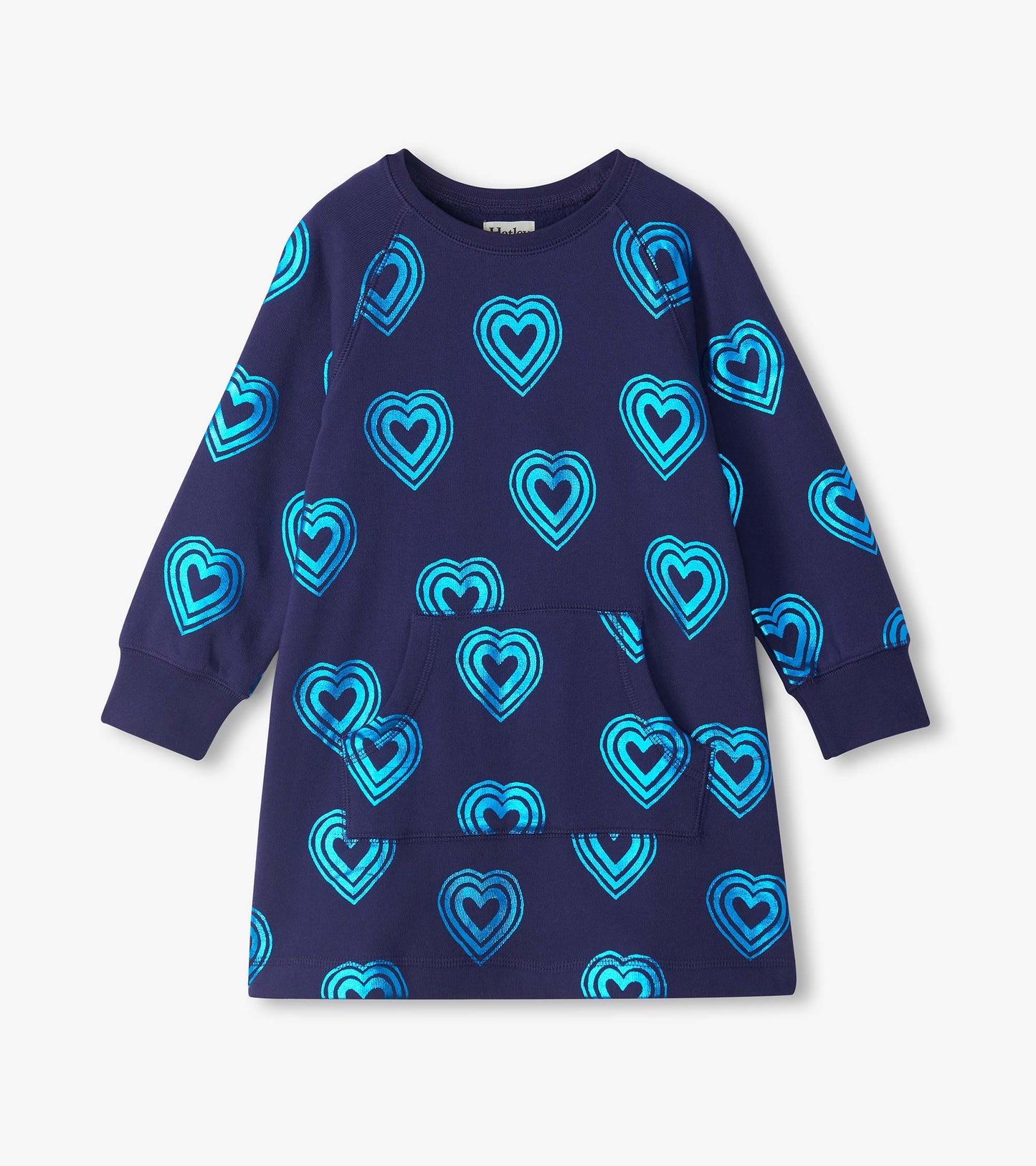 Kids sweatshirt dress in dark blue with bright blue heart print, long sleeves, and front kangaroo pocket