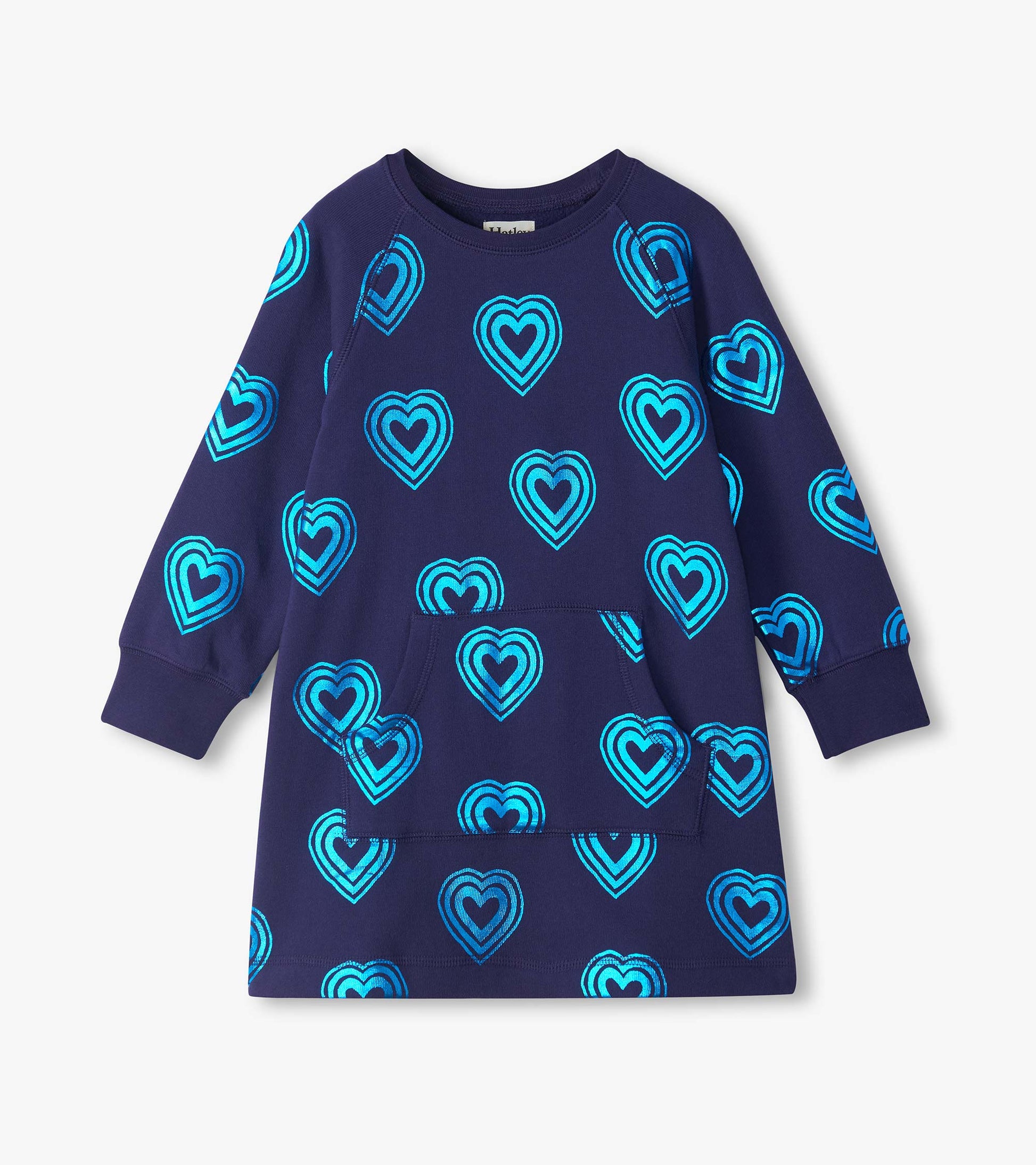 Kids sweatshirt dress in dark blue with bright blue heart print, long sleeves, and front kangaroo pocket