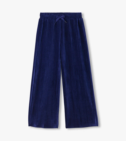 Girls Navy Pleated Velour Relaxed Pants
