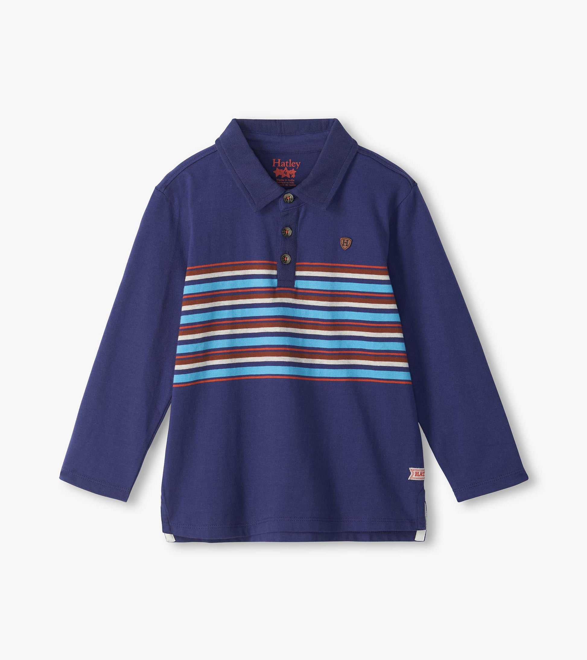 Kids blue rugby shirt with collar, three-button placket, and multicolor horizontal chest stripes