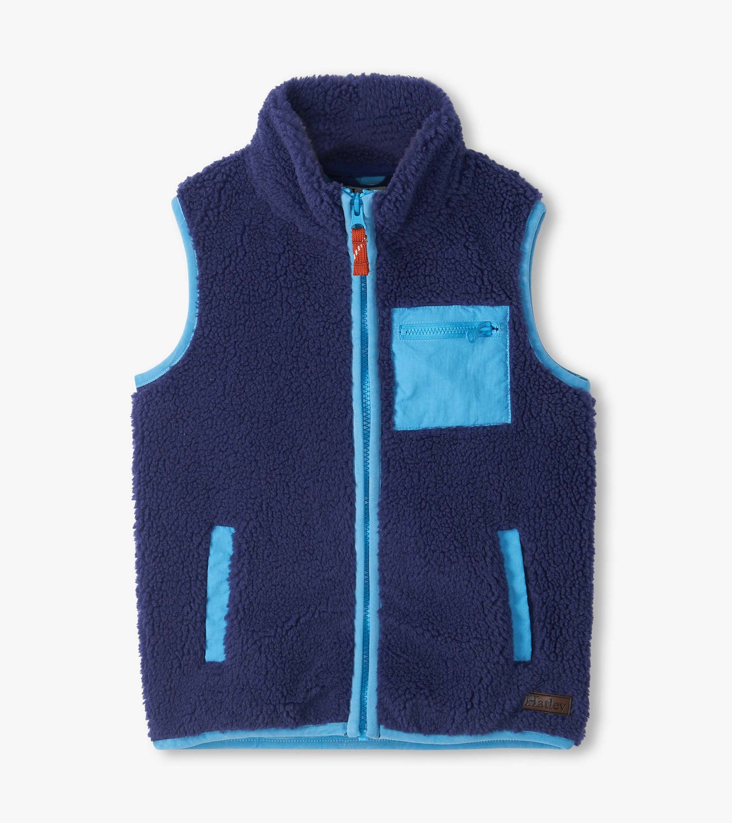 Blue sherpa vest with light blue trim, zip front, stand collar, chest zip pocket, and front pockets