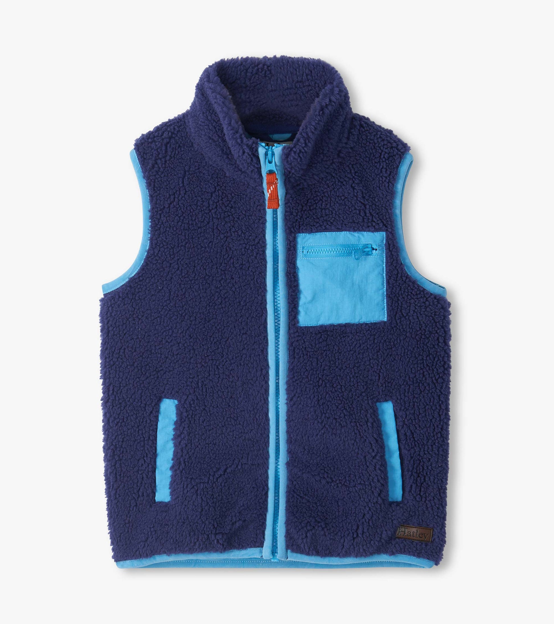 Blue sherpa vest with light blue trim, zip front, stand collar, chest zip pocket, and front pockets