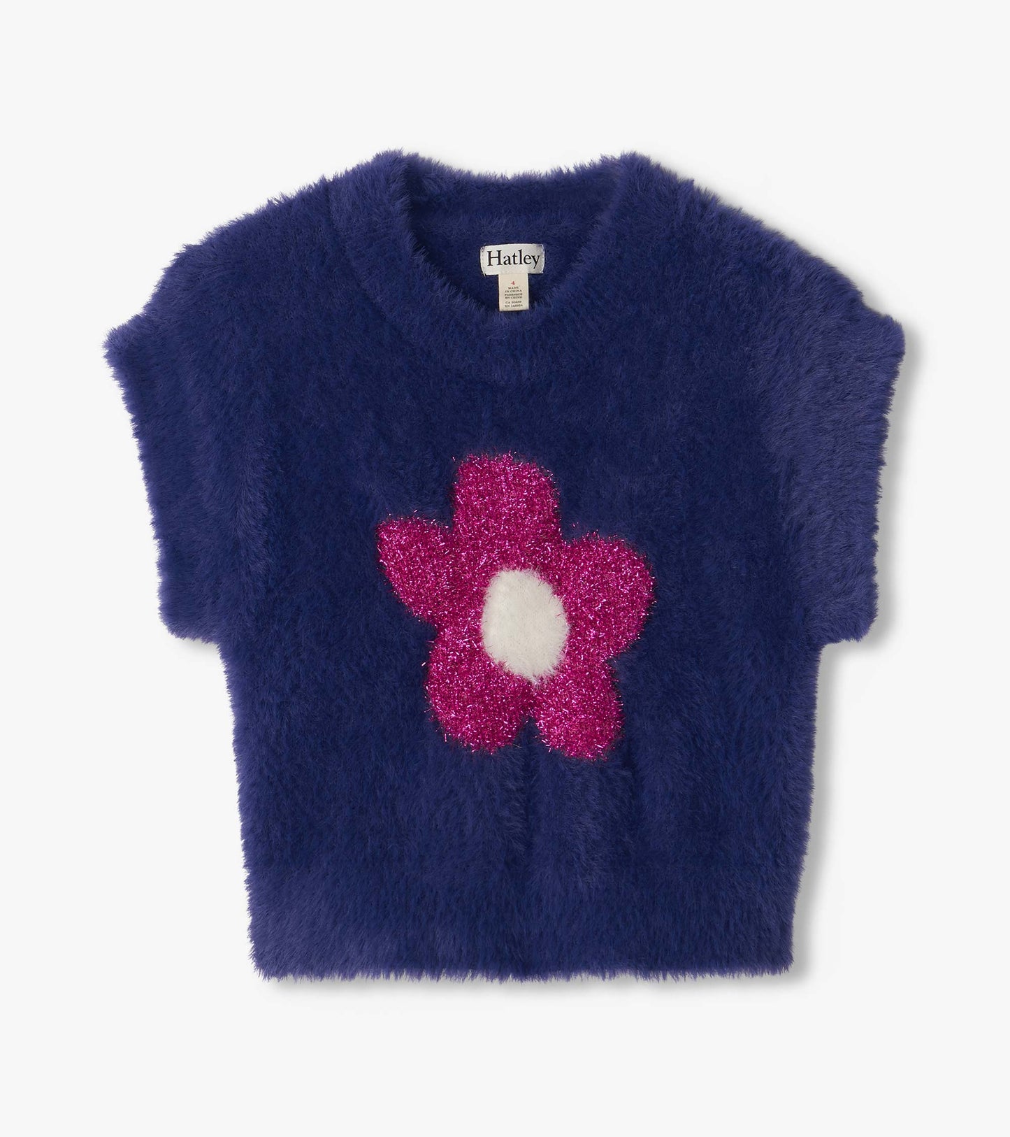 Blue fuzzy sweater vest with a pink flower on the front and a round neckline