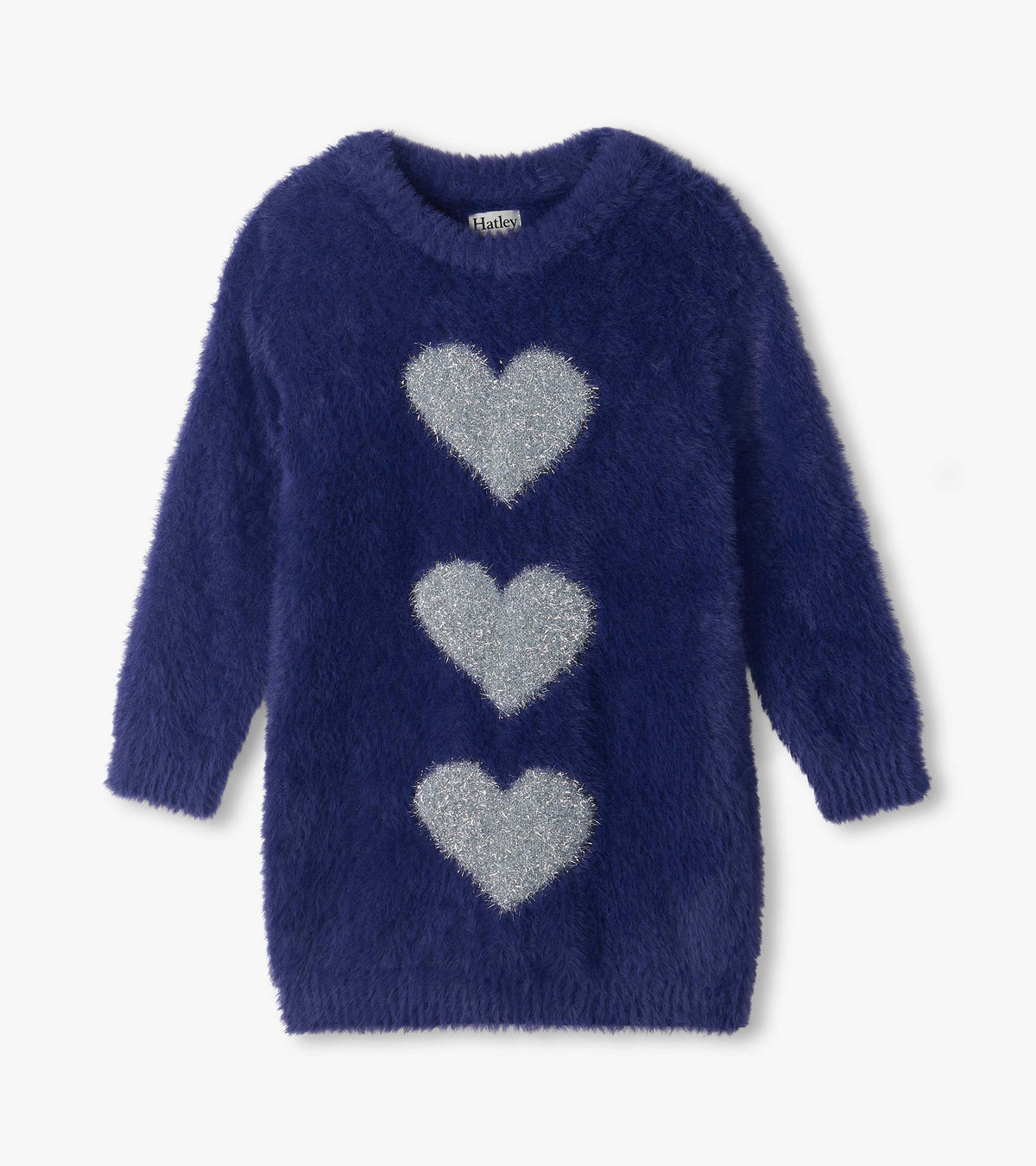 Front view of girls patriot blue fuzzy sweater dress with three silver hearts and long sleeves