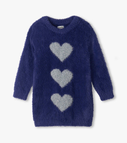 Front view of girls patriot blue fuzzy sweater dress with three silver hearts and long sleeves