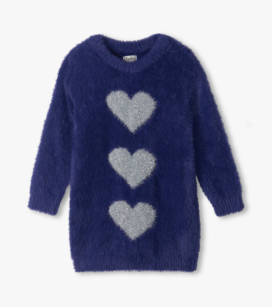 Front view of girls patriot blue fuzzy sweater dress with three silver hearts and long sleeves