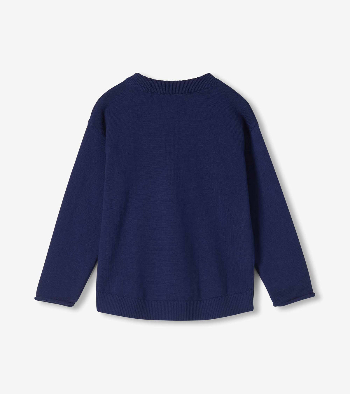 Back view of navy crew neck sweater with long sleeves and ribbed hem