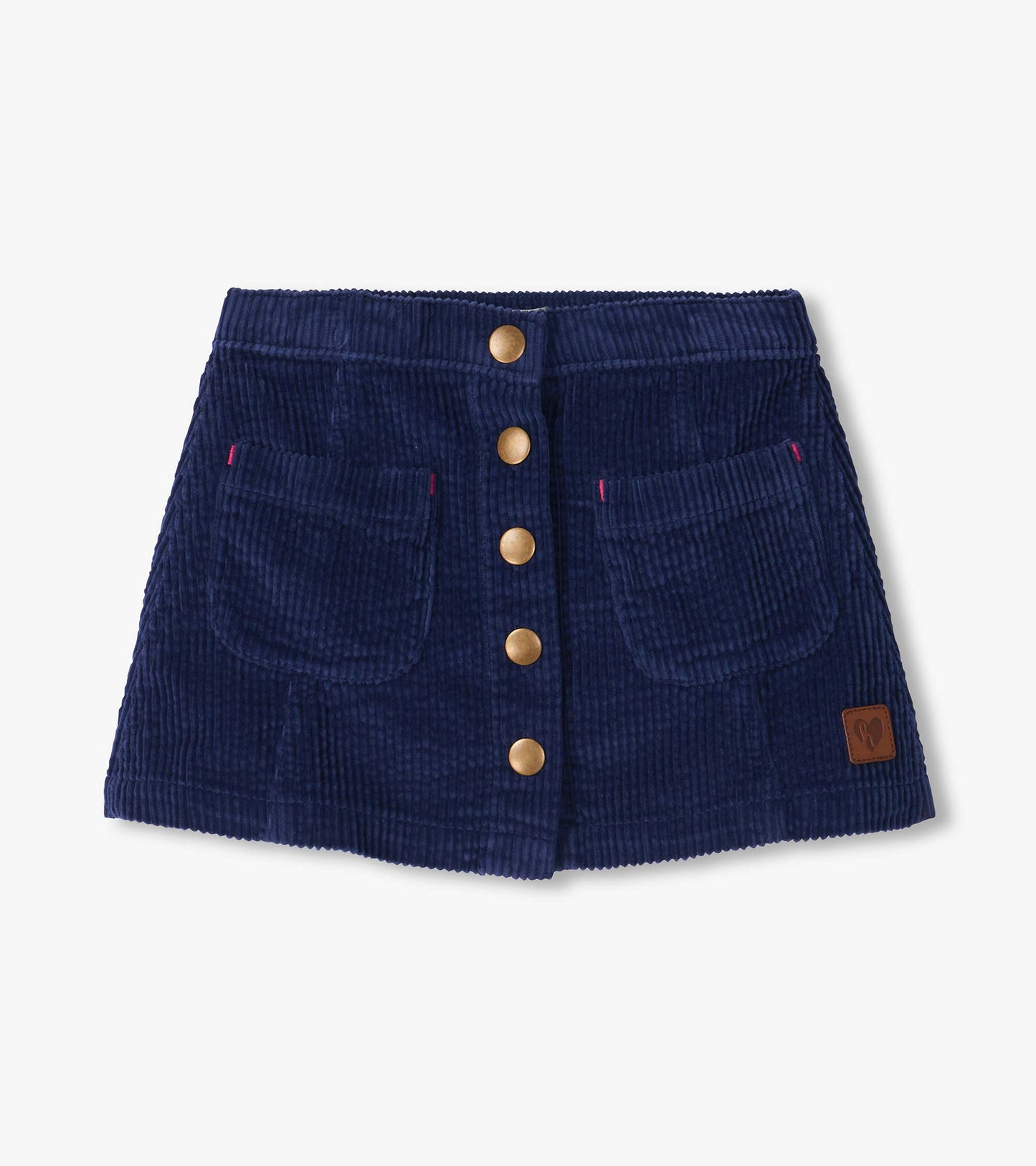 Patriot blue A-line skirt with front snap buttons, two flap pockets, and a small logo patch near the hem