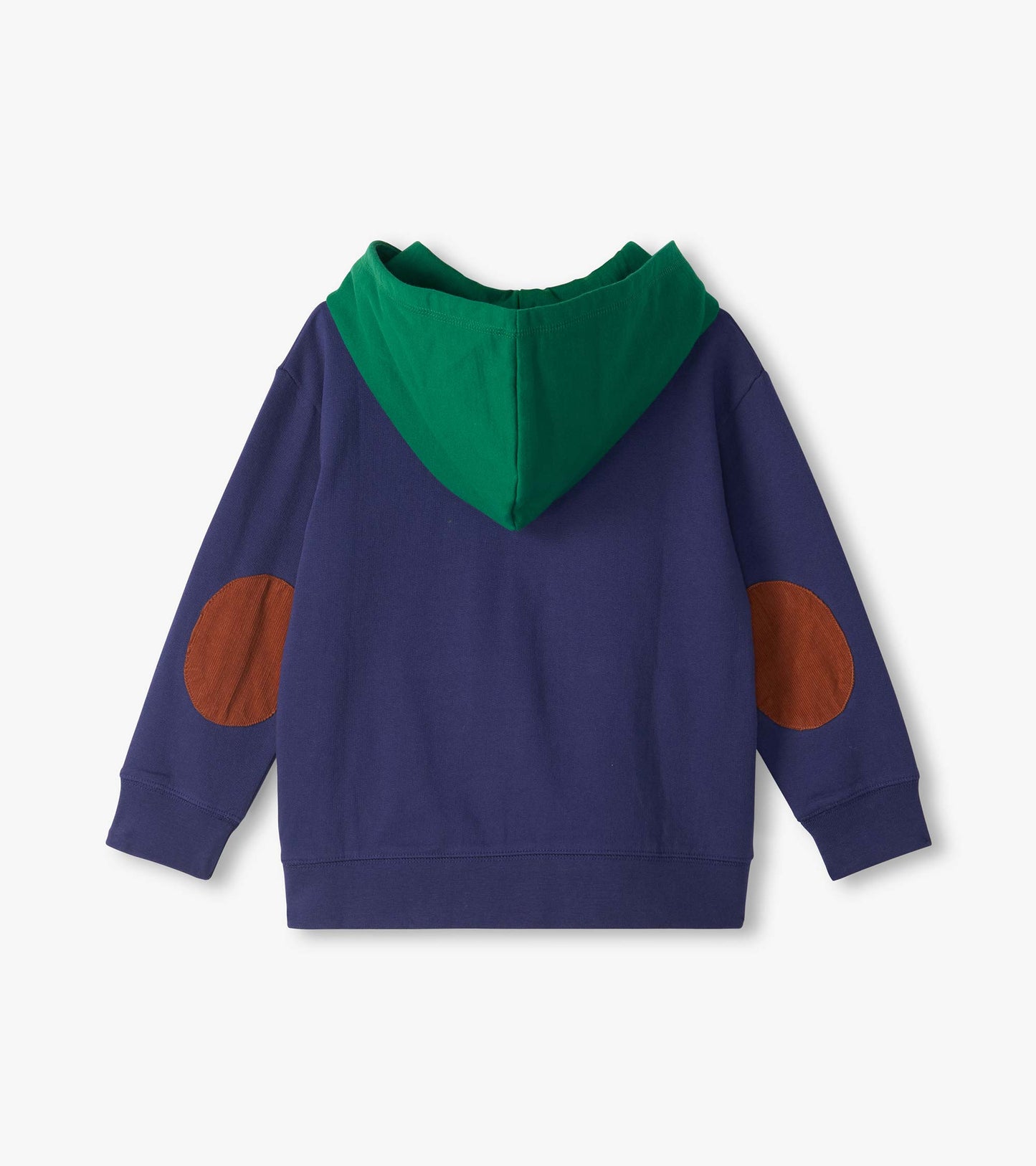 Back view of kids blue hoodie with green hood and brown elbow patches